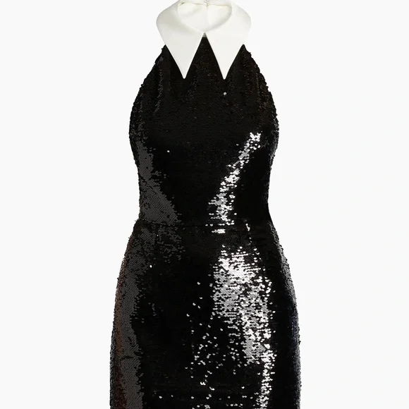 black sequin halter neck dress Alexander McQueen Fall 2017 Black Knit Ribbed Mini Dress with Red Leat –  Sellier main image 1